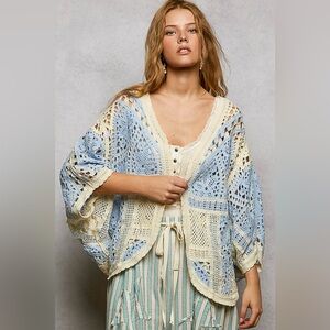 POL Open Front Crochet Cardigan with Scalloped Edge
